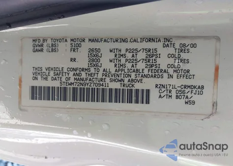 2000 Toyota Tacoma from USA, damaged, VIN 5TEWM72N9YZ709411